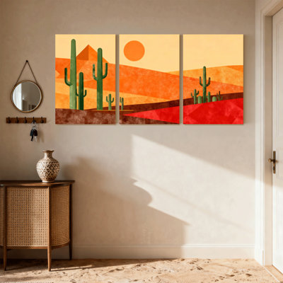 Cactus, paysage désertique, cactus, coucher de soleil, ensemble de 3 reproductions d'art sur toile