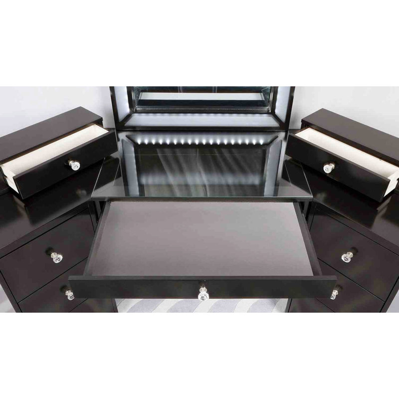 Tabouret de salle de bain pour chambre à coucher, verre transparent de 8 mm, miroir à DEL, tiroirs de rangement, gris et tabouret, trempé, tiroirs intégrés