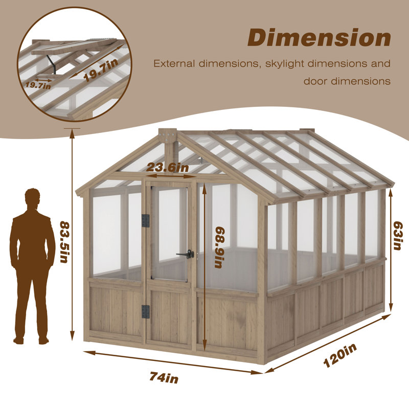 Outdoor Wooden Polycarbonate Greenhouse 6x10Ft, 83.5" H x 74" W x 120" D