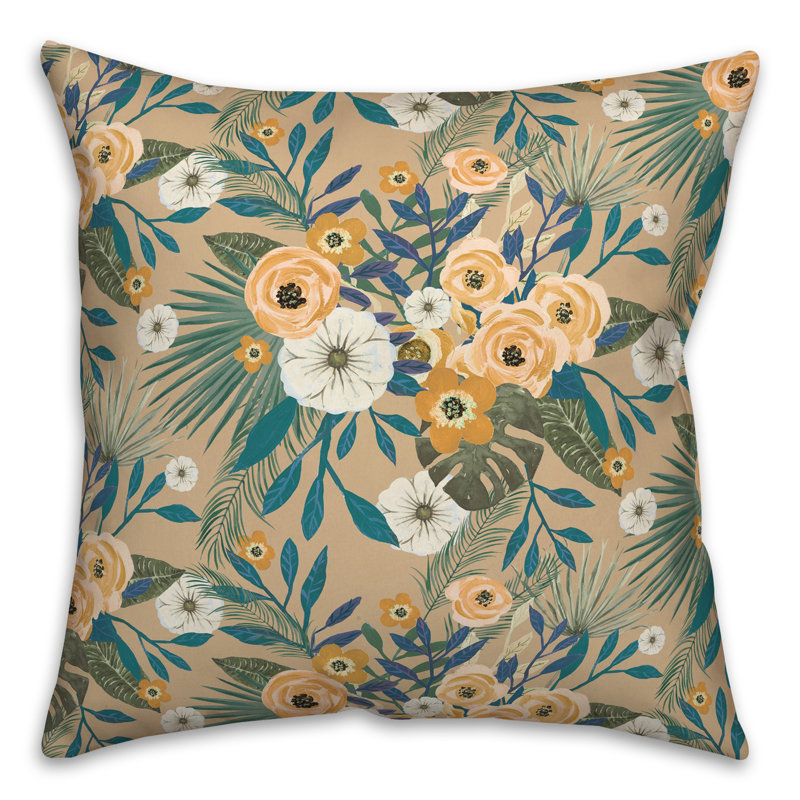 Beige Tropical Floral Square Polyester Throw Pillow
