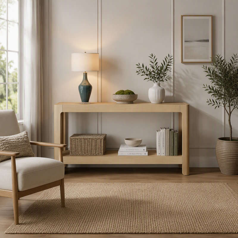 Console de style ferme moderne, table d'entrée minimaliste avec plateau en placage de bois et coins arrondis pour couloir ou salon