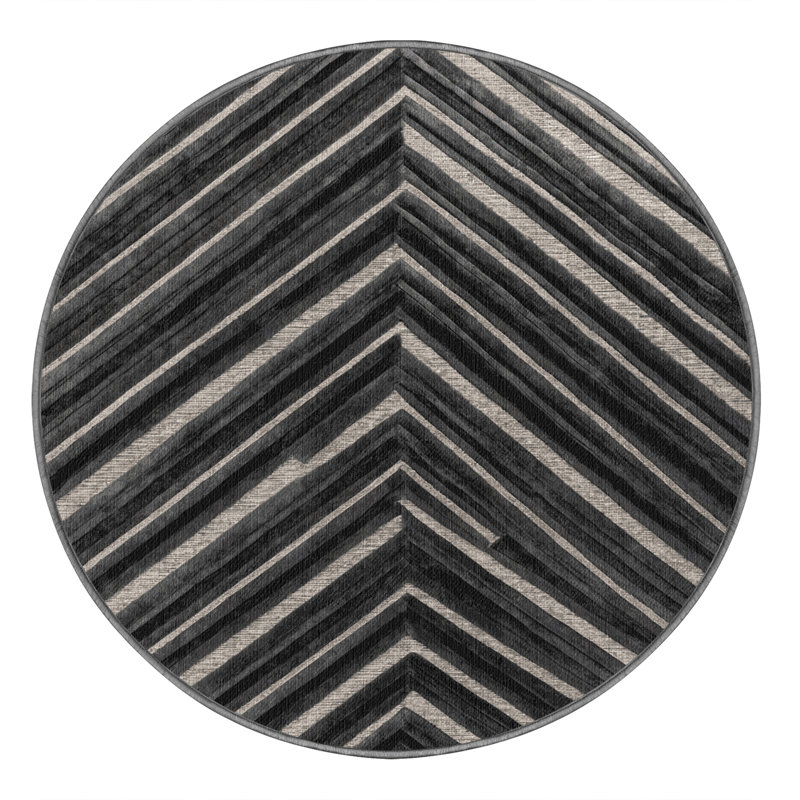  Tapis lavable rayé gris foncé argenté, Rond 4 pi