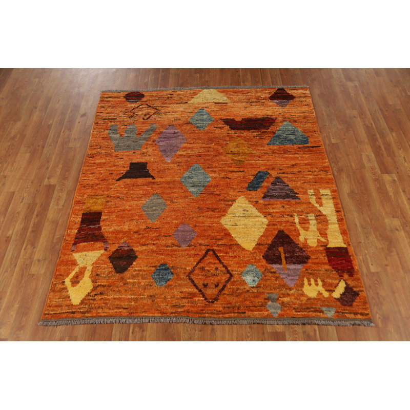 Tapis oriental marocain orange en laine 5 x 6