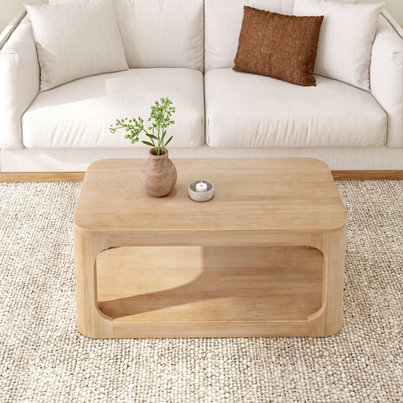 Modern Rounded Rectangular Coffee Table With Shelf, 17.75" H x 20.25" L x 40.5" W, Blonde