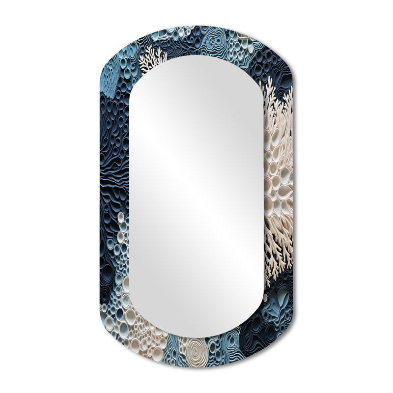 Collage de coraux bleus et blancs sous l'eau - Décor nautique côtier en métal - Miroir mural asymétrique, 43 po x 23 po