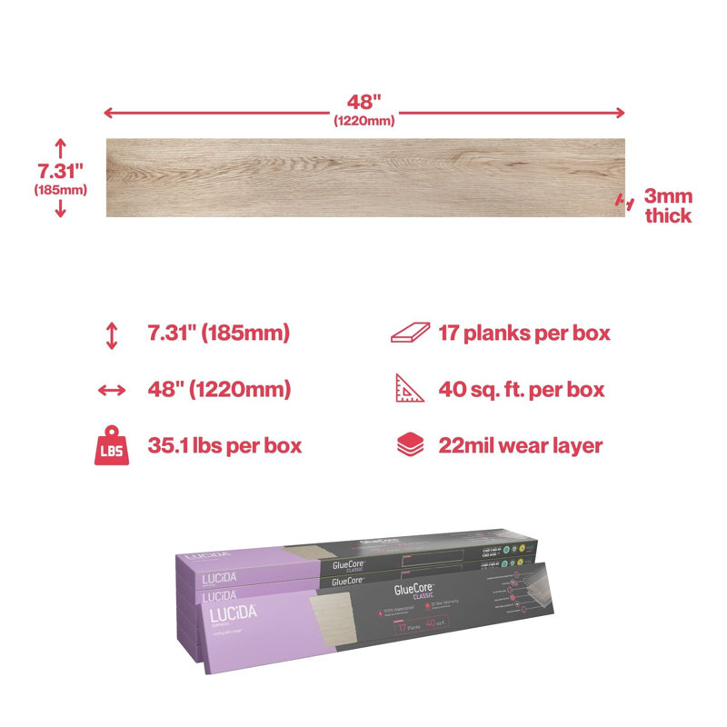 GlueCore Classic 22mil x 7.3" W x 48" L Glue Down Vinyl Tile Flooring, Cashmere