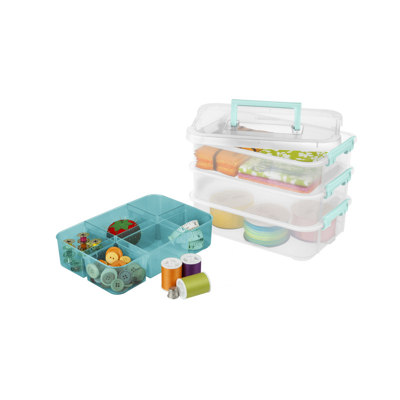 Sterilite Stack and Carry 3 Layer Handle Box, Tray, Small Storage Latch Lid Container to Organize