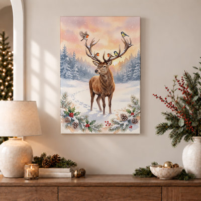 Toile brune de Noël avec oiseaux sur bois dans la forêt enneigée, art mural