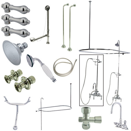 Kingston Brass Vintage Three-Handle 2-Hole Tub Wall Mount Clawfoot Tub Faucet Package with Shower Enclosure and Hand Shower