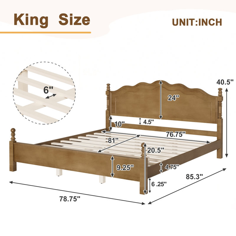 Structure de lit plateforme en bois avec tête de lit courbée sans sommier, Très grand lit, Chêne foncé