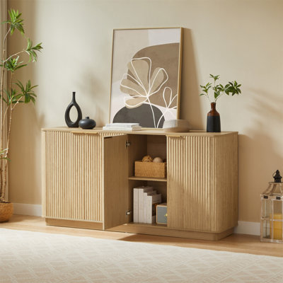 Buffet 63 po à rayures verticales avec rangement Stoarge, forme ondulée, meuble télé, pour chambre à coucher, salon, couloir, chêne, l 63 po x P 15,75 po x H 31,5 po.