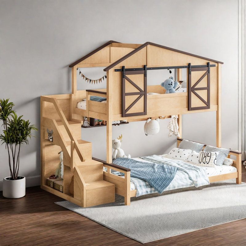 Lits pour enfants peu encombrants avec rangement, chambre d'enfant pour lit simple au-dessus d'un lit double en bois