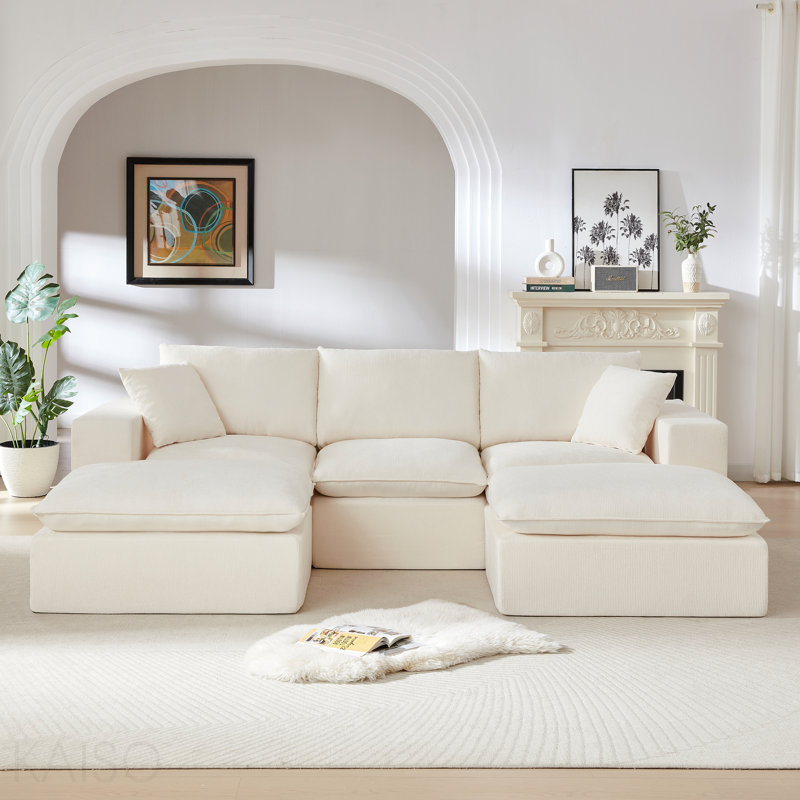 Canapé modulaire en forme de U Boneless, canapé 3 places avec repose-pieds, Chenille blanche