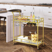 Treviso 19 Wide Black Glass and Gold Round Serving Bar Cart