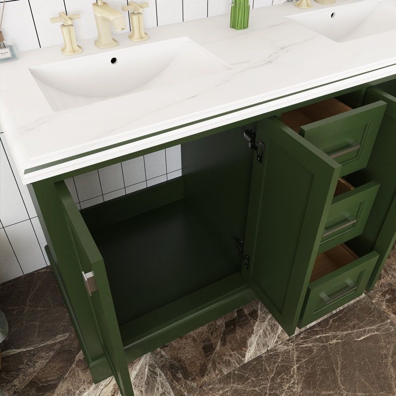 Ensemble de meuble-lavabo autoportant 60 po avec plateau en pierre d'ingénierie Marjina, Vert, Or