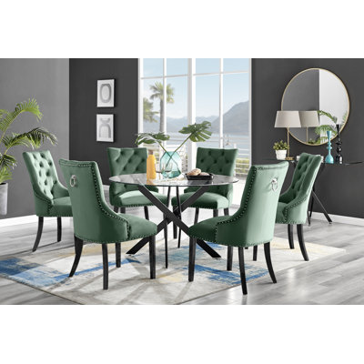 Tierra Modern Chrome Metal & Glass Round Dining Table Set with 6 Luxury Button Velvet Chairs