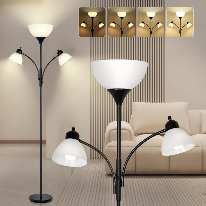 Modern Floor Lamp With Stepless Dimming, 3 Adjustable LED Lights, 3200 Lumens Brightness, Tall Standing Lamp For Living Room, Bedroom, Office