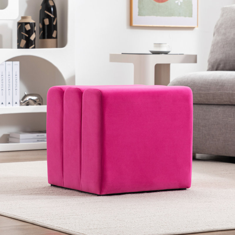 Lamart 18.1" Wide Tufted Square Cube Ottoman, Fuchsia Velvet