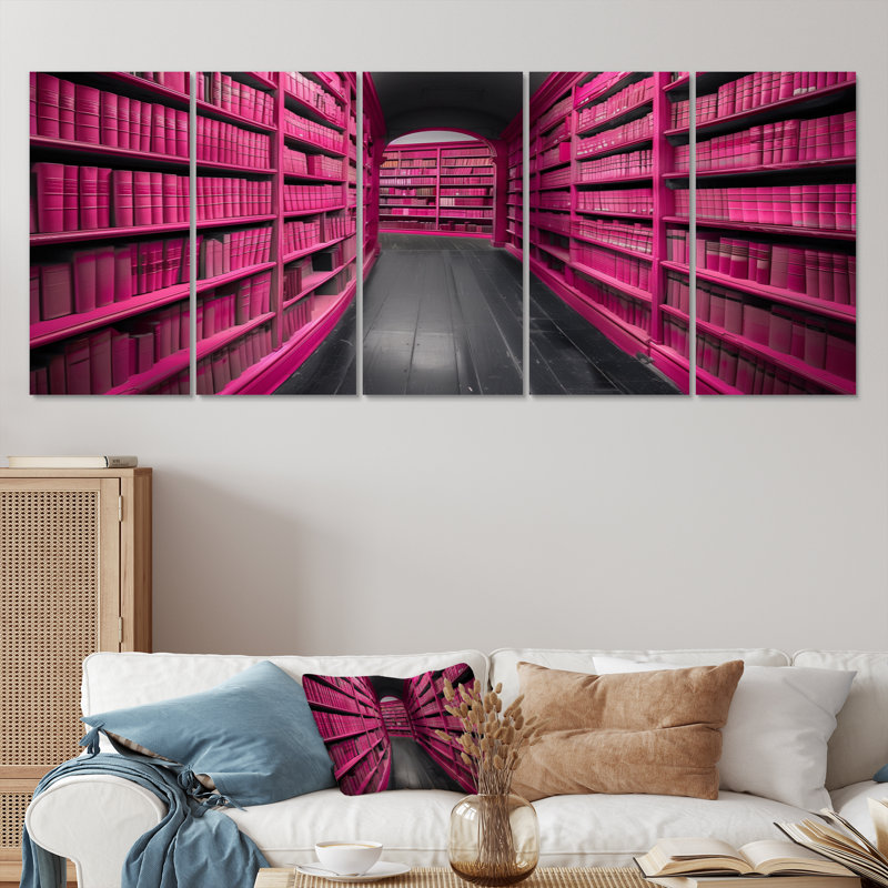 «Pink Grey», bibliothèque, bibliothèque, perspective, ensemble d'art sur toile, H 32 po x l 80 po