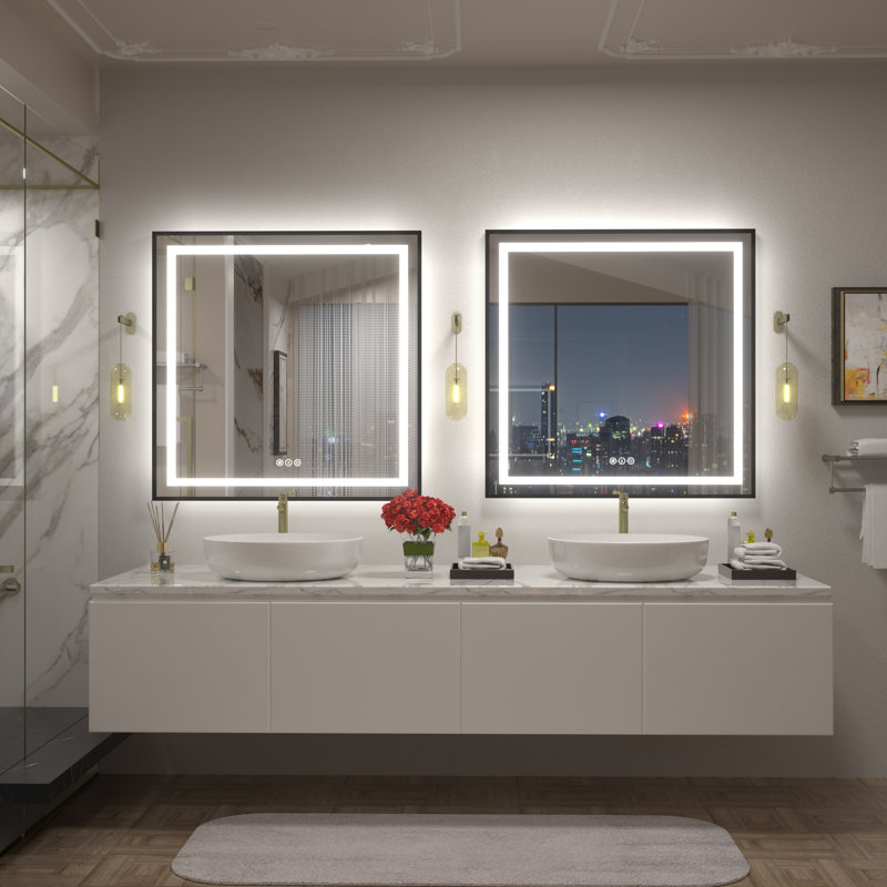 Miroir de salle de bain / meuble-lavabo à cadre en verre trempé à DEL certifié anti-buée Wayfair Basics®, 32 po x 32 po