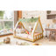 Lit de cabane en bois avec tente de jeu en tissu et guirlande lumineuse suspendue, blanc