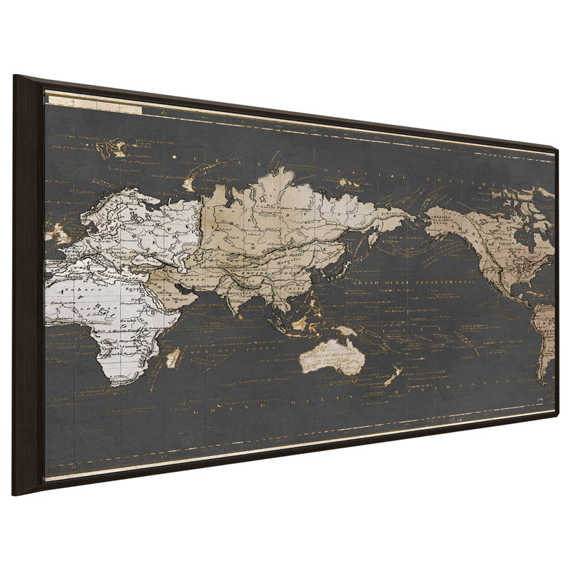 «World Map in Gold and Gray», impression, H 21,5 po x l 33,5 po, Reproduction avec cadre flottant, Espresso