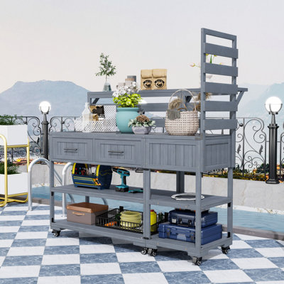 Outdoor Kitchen Cart with Stainless Steel Top, Garden Potting Bench with Storage and Lockable Wheels
