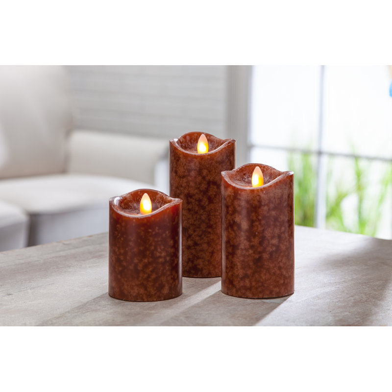 Set of Three 3 Brown LED Pillar Candles with Aurora® Flame and Remote Control, Brown