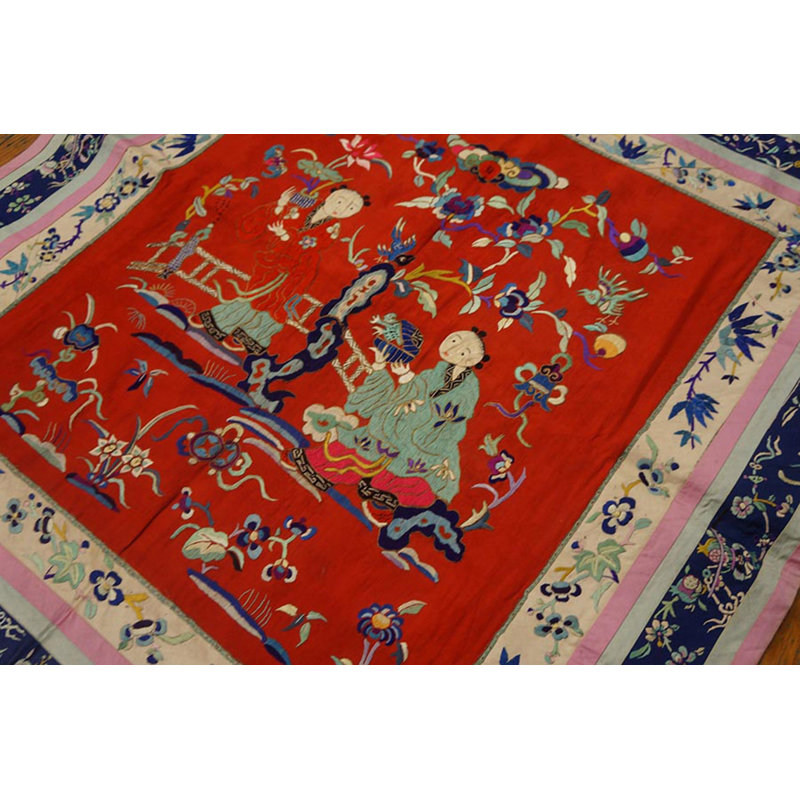 Vintage Textile Chinese Allover Floral Red 1950s Rug