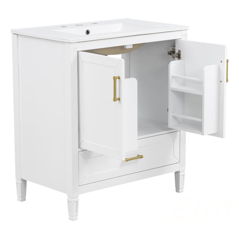 Meuble-lavabo cannelé élégant 30 po avec lavabo en céramique, boîte simple, pieds en bois massif, portes et tiroir à fermeture en douceur, tablette de porte, blanc, meubles-lavabos, meubles-lavabos