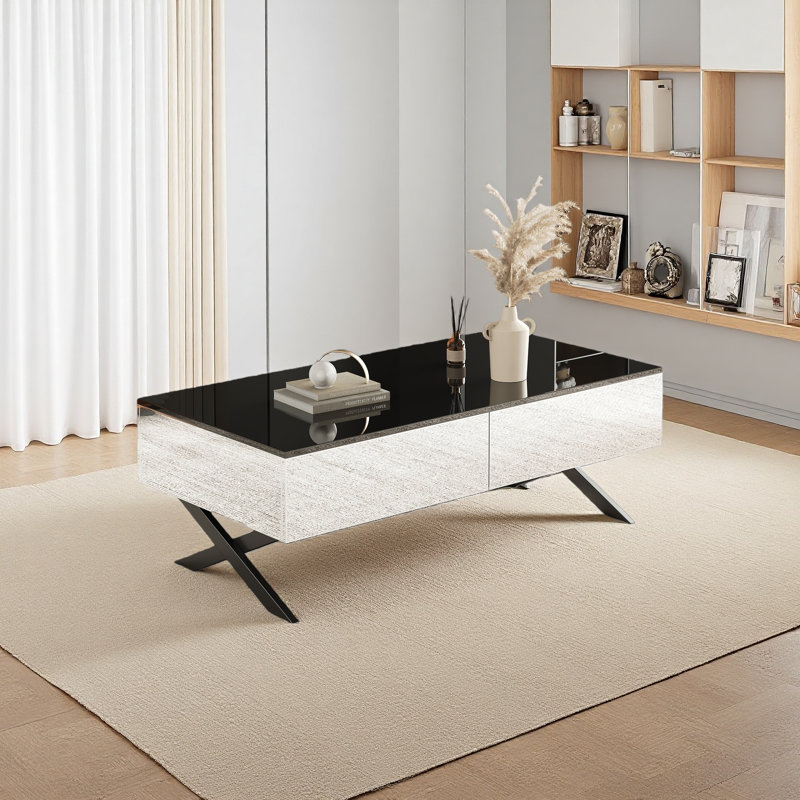 Table basse rectangulaire à miroir pour le salon avec rangement et base en métal, 2 tiroirs, plateau noir ultrabrillant
