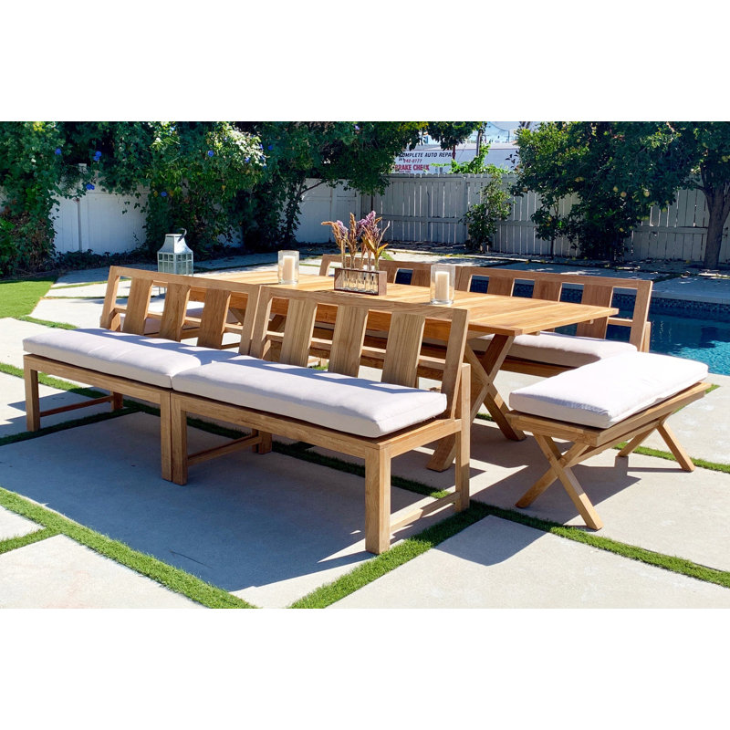Burquez 10 - Person Teak Patio Dining Set with Extendable Rectangular Table , Sunbrella® Cushions Included, White