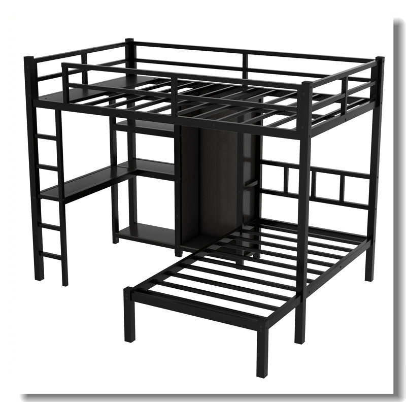 Lit superposé simple TG en métal avec bureau, bibliothèque, tablettes de rangement et garde-robe