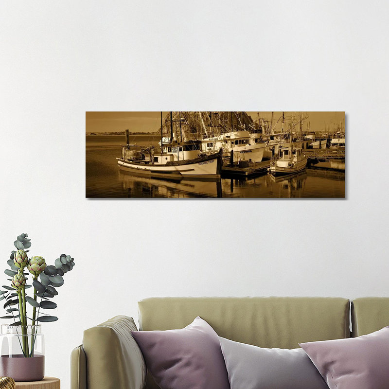 Fishing Boats In The Sea, Morro Bay, San Luis Obispo County, California, USA - Wrapped Canvas Panoramic Print