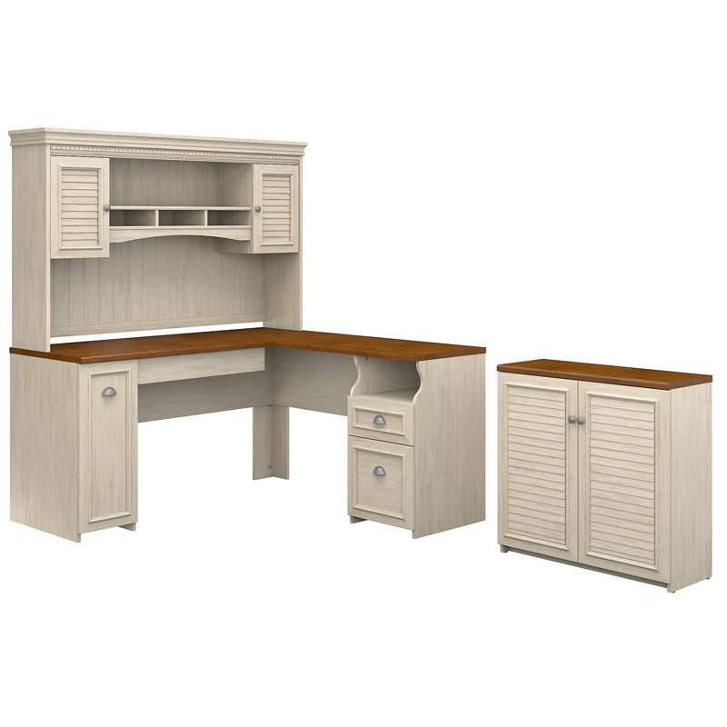 Huckins 4 Piece Computer Desk Office Set, Antique White/Tea Maple