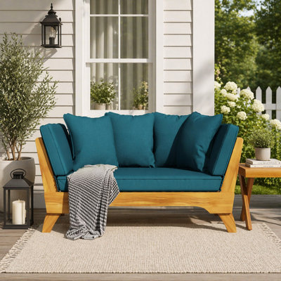 Expandable Daybed With Cushions,Outdoor Couch Acacia Wood Patio Couch With Adjustable Armrests,Outdoor Convertible Sofa With Removable Cushions&Pillows For Patio, Porch, Poolside