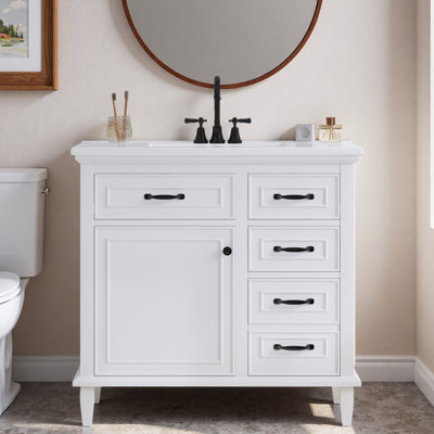 Meuble-lavabo de salle de bain avec lavabo en céramique, armoire, tiroirs, tablette réglable et poignées en alliage de zinc