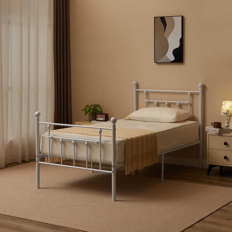 Double Metal Bed Frame with Headboard, White, Single (3')