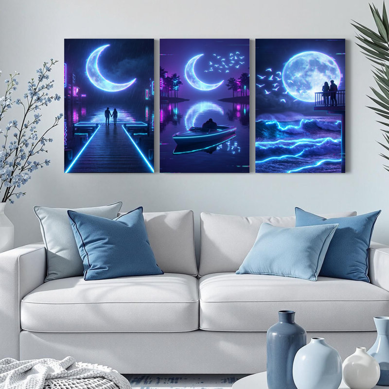 Ensemble de 3 tableaux sur toile représentant un paysage urbain au clair de lune néon, pour la décoration du salon et de la chambre.