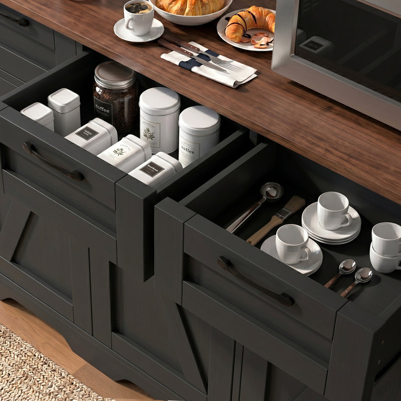 42" Farmhouse Buffet Cabinet with Storage, Coffee Bar Station with 3 Drawers and Adjustable Shelves, Black, Black