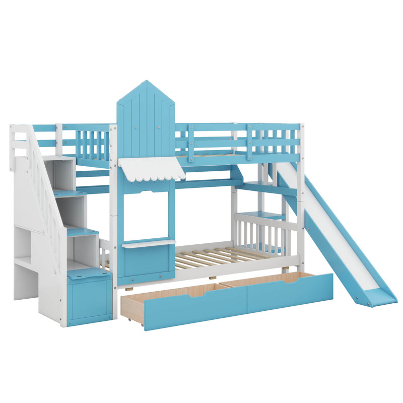 Lit superposé simple au-dessus de simple, lit superposé château avec 2 tiroirs, 3 tablettes et glissade, lit superposé en bois massif