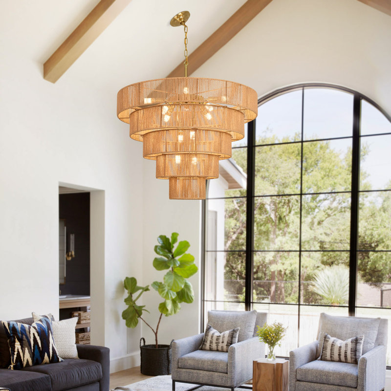 Luminaire de lustre en rotin Boho, 5 Tiers, 12 lumières
