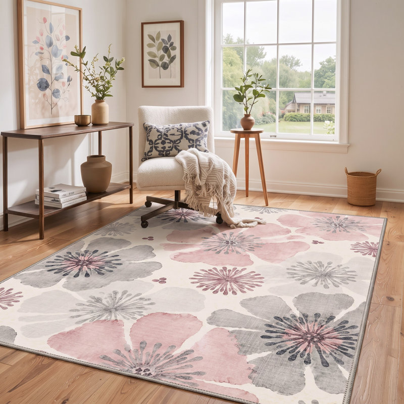 Tapis floral ivoire / rose lavable à la machine avec envers antidérapant, Rectangle 6 pi x 9 pi