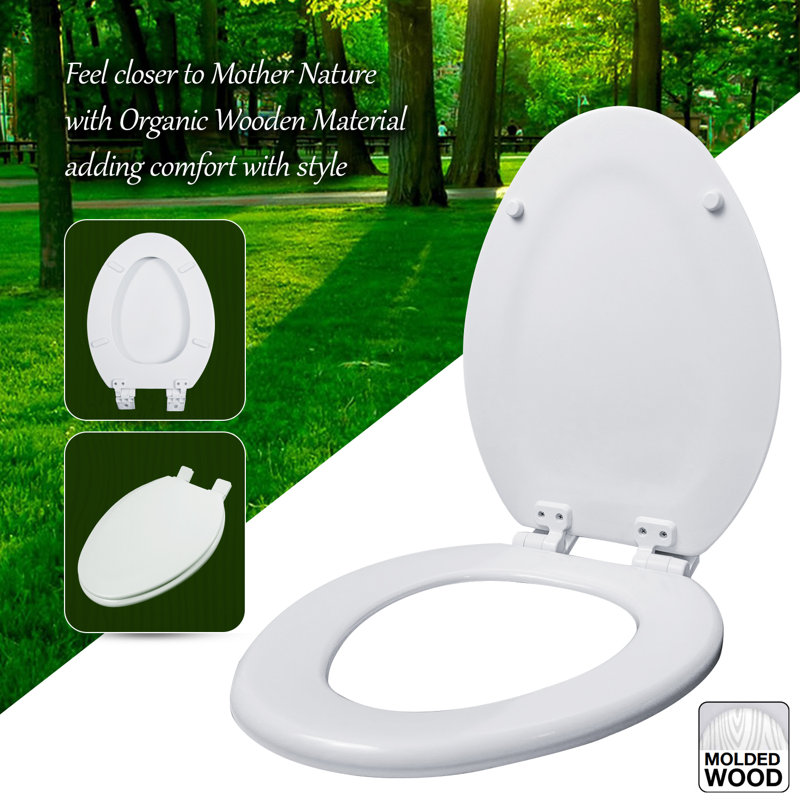 Siège de toilette allongé à fermeture lente avec charnières réglables et retrait facile en bois blanc moulé, taille standard