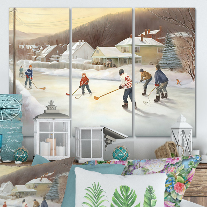 Enfants jouant au hockey en hiver IV - 3 pièces sur toile, H 32 po x l 48 po, Toile tendue
