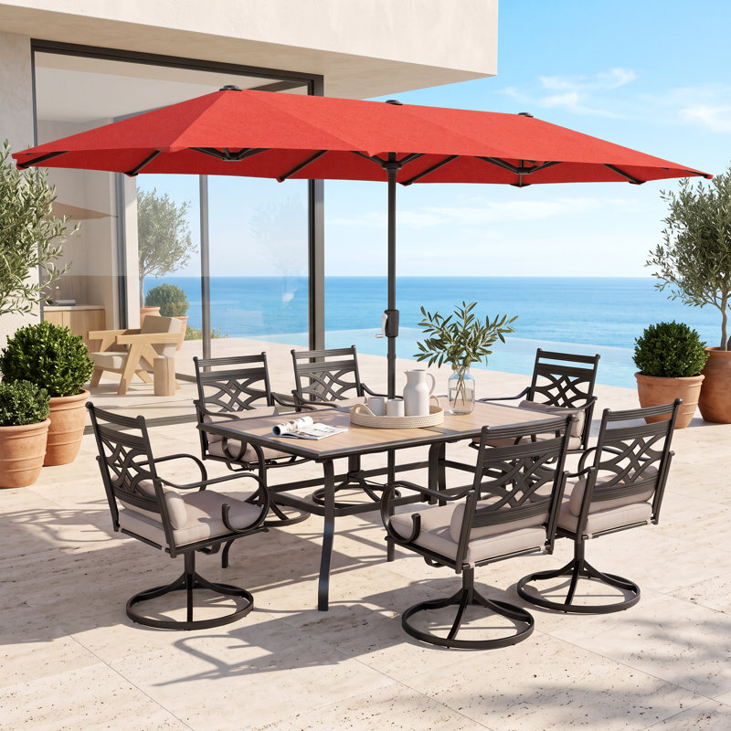 Ensemble de salle à manger rectangulaire pour 60 personnes avec coussins et parasol Leonard, Rouge