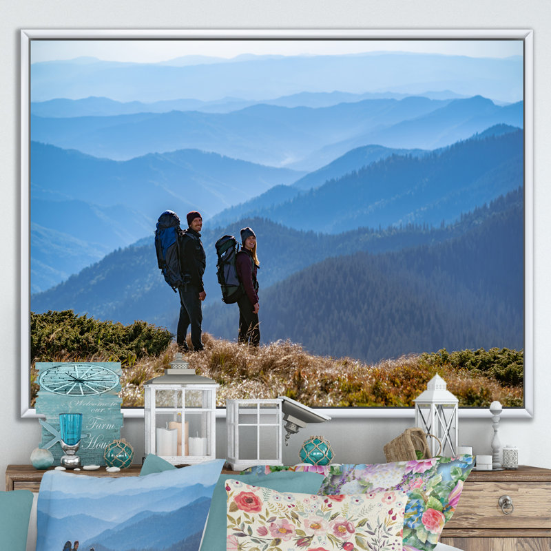 " Hikcing Backpacking Couple In Canada ", White Floater Framed, 12" H x 20" W