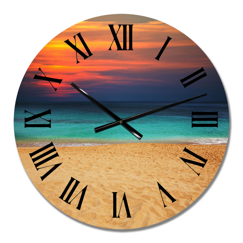 Vibrant coucher de soleil orange, mauve au-dessus de la plage - horloge murale nautique et côtière, Petit