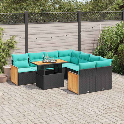  Ensemble de canapé de patio 9 pièces avec coussins en rotin de polyacacia noir