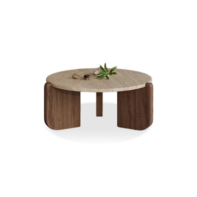 Round Coffee Table Sintered Stone Top with Solid Wood Legs